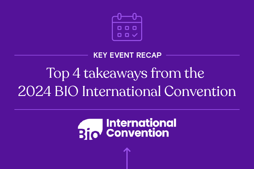 White text on a purple background reading: "Key Event Recap - Top 4 takeaways from the 2024 BIO International Convention" above a white convention logo.