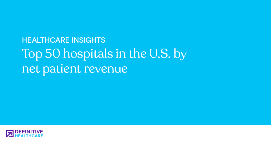 White text on a blue background reading: "Healthcare Insights - Top 50 hospitals in the U.S. by the net patient revenue"