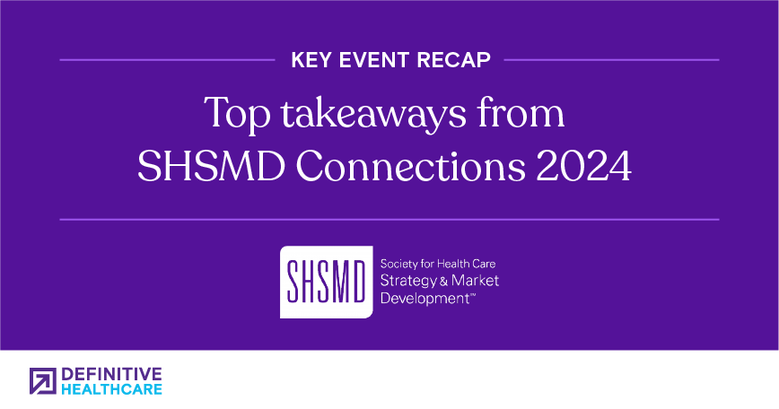 White text on a purple background. First line reads "Key Event Recap", second and third lines read "Top takeaways from SHSMD Connections 2024", with the SHSMD conference logo at the bottom.