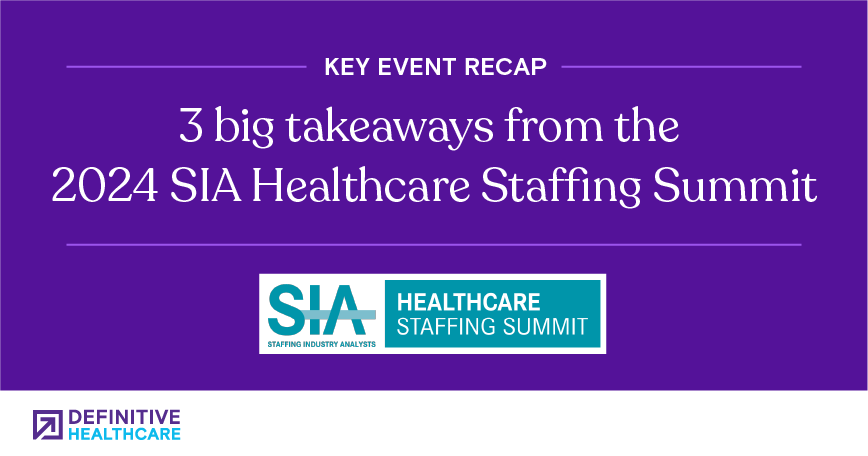 White text on a purple background. First line reads "Key Event Recap." Next two lines read "3 big takeaways from the 2024 SIA Healthcare Staffing Summit" above the SIA logo.