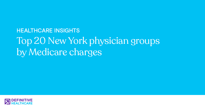 White text on a blue background reads: "Healthcare Insights - Top 20 New York physician groups by Medicare charges"