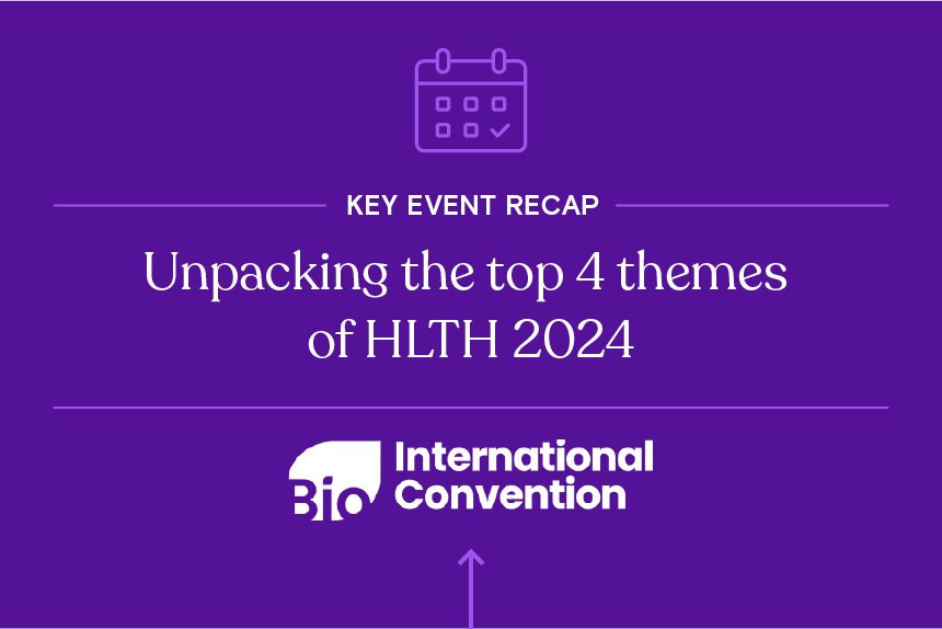 White text on a purple background. First line reads "Key Event Recap". Second line reads "Unpacking the top 4 themes of HLTH 2024". Third line shows the Bio International Convention logo.