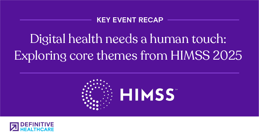 White text on a purple background reads "Key Event Recap" above the headline "Digital health needs a human touch: Exploring core themes from HIMSS 2025."