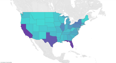A heatmap of the U.S. representing referrals to long-term care facilities by state